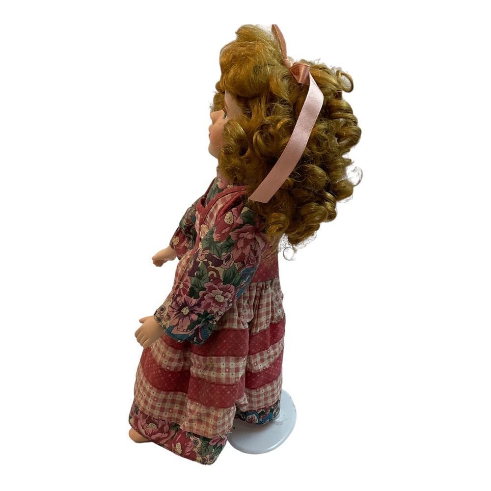 Vintage Porcelain Doll, Blonde Girl, Pink Flower Dress, Green Eyes Tall 15”. - Picture 4 of 16
